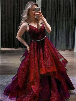 Picture of Pretty Wine Red Color Layers Tulle Straps Long Party Dresses, Burgundy Long Formal Dresses